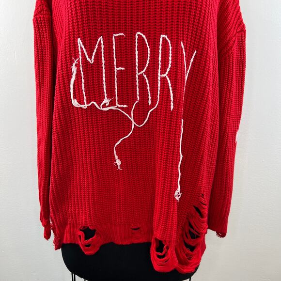 PEACE LOVE WORLD Red Destructed Affirmation V-Neck "Merry" Pullover Sweater 1X - Picture 2 of 9